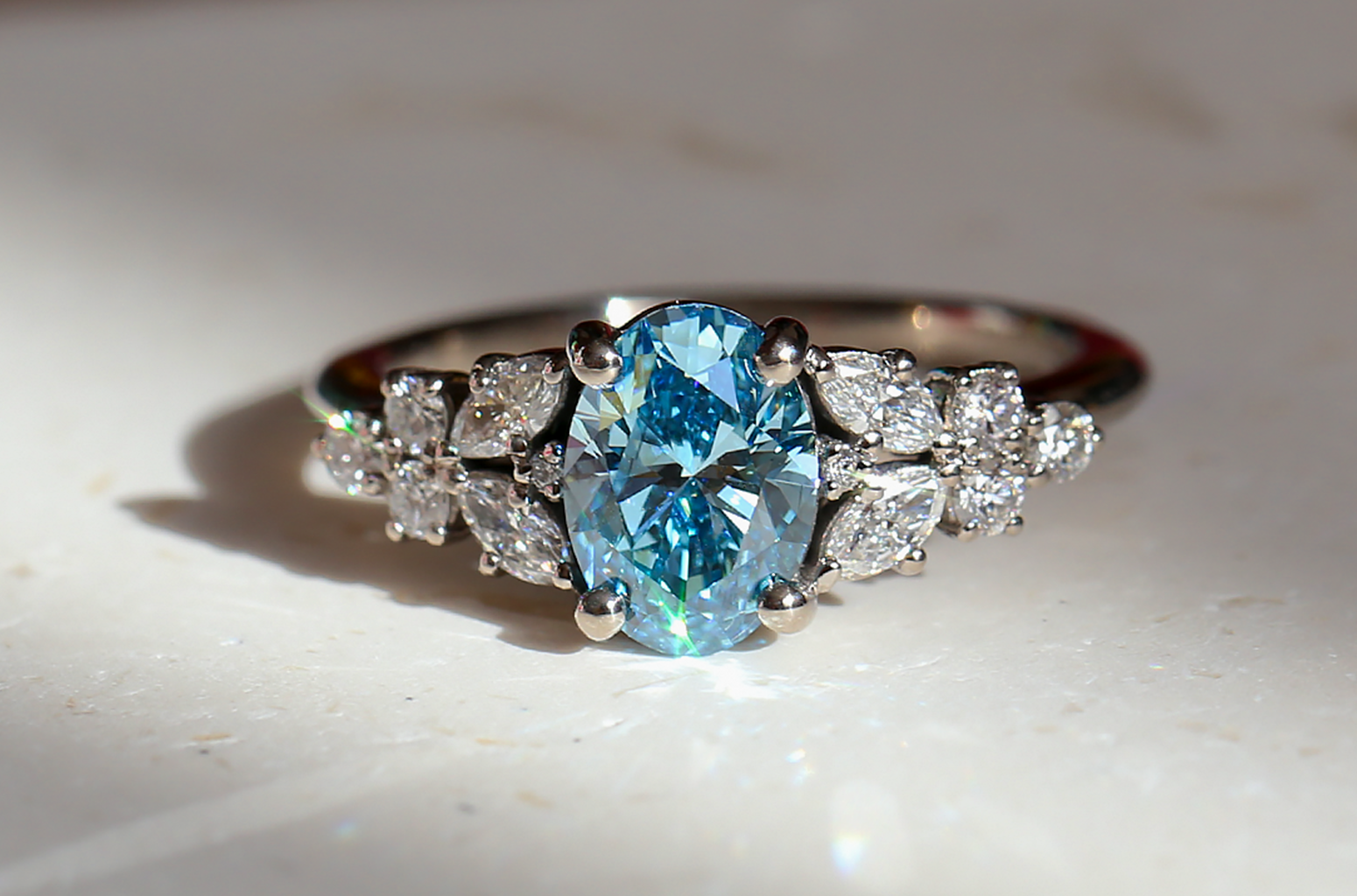 Bespoke lab grown blue diamonds cluster ring