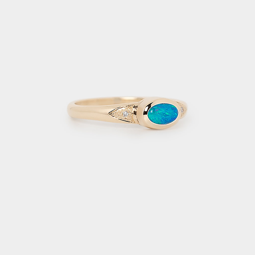 Black Opal Ring, 9k Gold Opal Ring, Solid Black Opal Jewelry, Opal and Diamond Ring, 9k Gold Gemstone Jewelry.