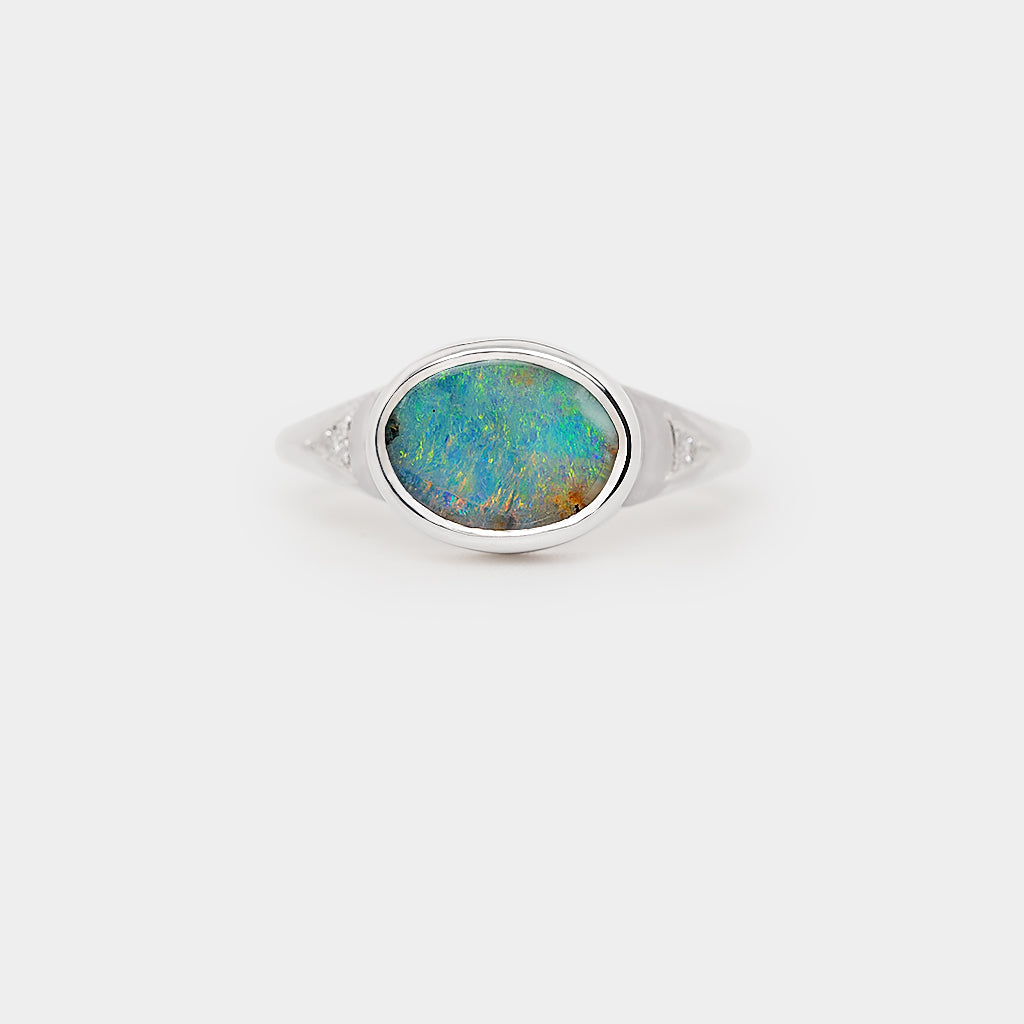 Boulder Opal Ring, Sterling Silver Opal Ring, Natural Boulder Opal Jewelry, Opal and Diamond Ring, Sterling Silver Gemstone Jewelry.
