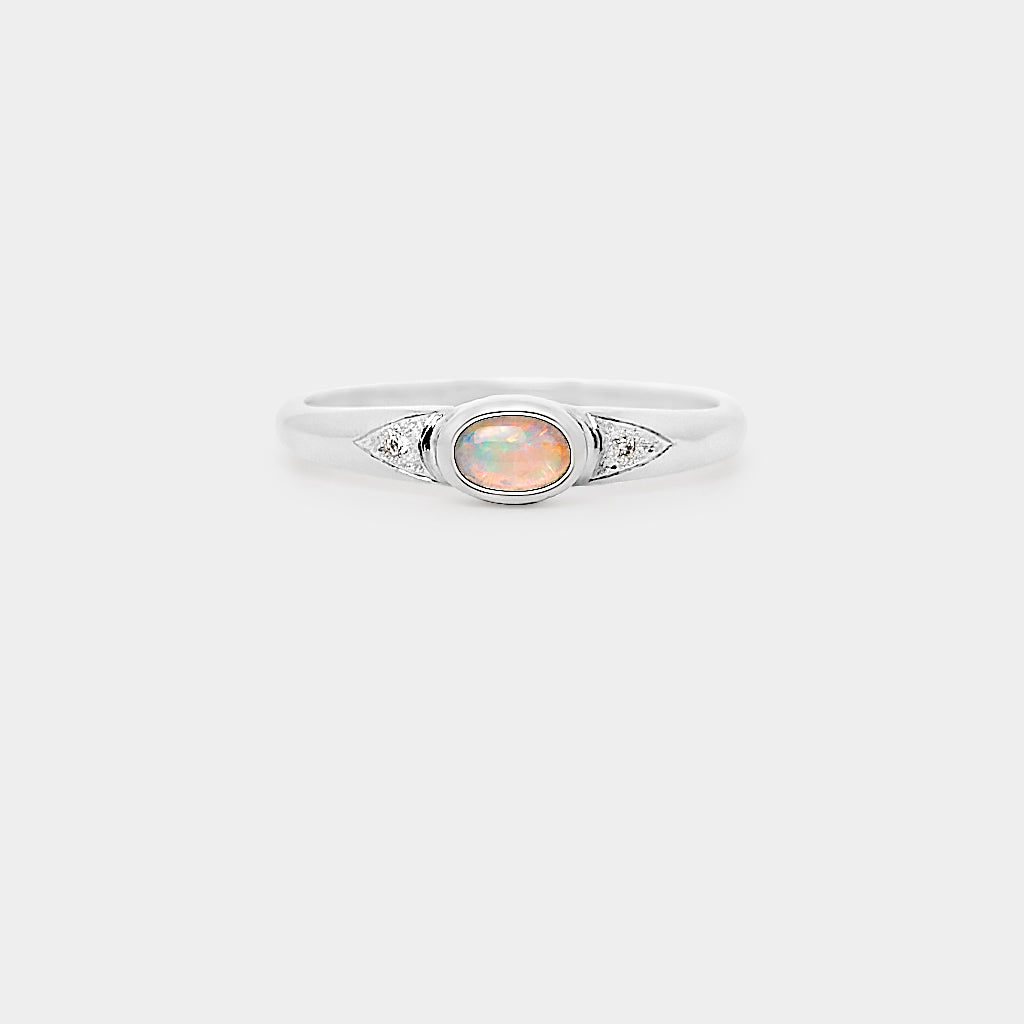 Oval Crystal Opal Ring, 9k Gold Opal Ring, Natural Opal and Diamond Jewelry, Opal Ring with Arrow Design, Gold Opal and Diamond Ring.