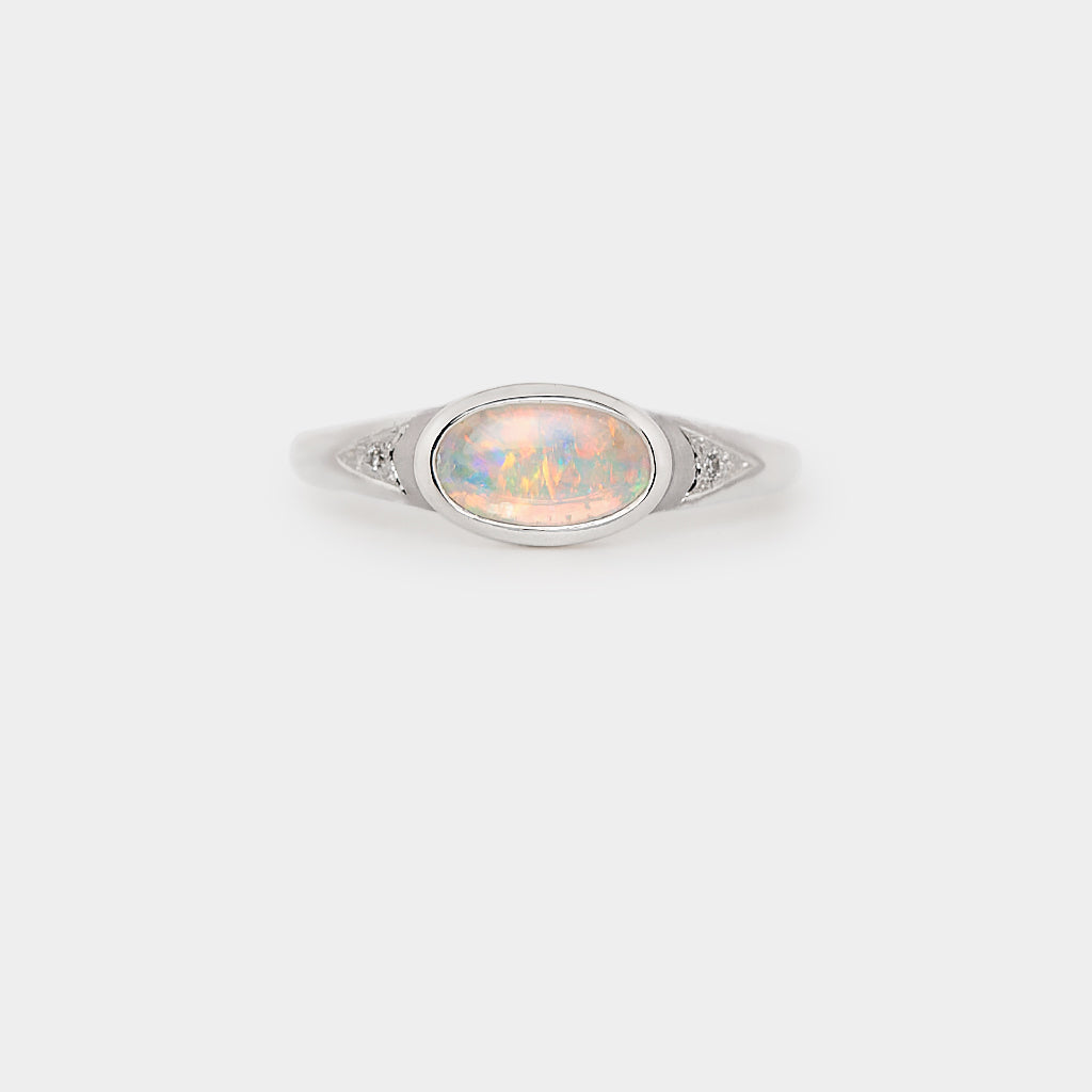Crystal Opal Ring, Sterling Silver Opal Ring, Natural Opal Jewelry, Opal and Diamond Ring, Sterling Silver Gemstone Jewelry, Opal Ring with Arrow Design.