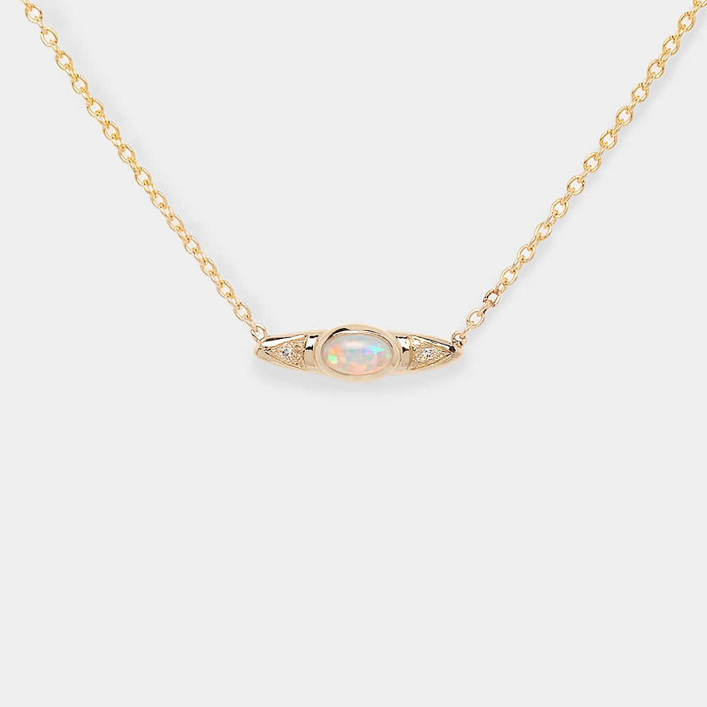 Oval Crystal Opal Necklace, 9k Gold Opal Necklace, Opal and Diamond Necklace, Opal Necklace with Arrow Design, Gold Gemstone Necklace.