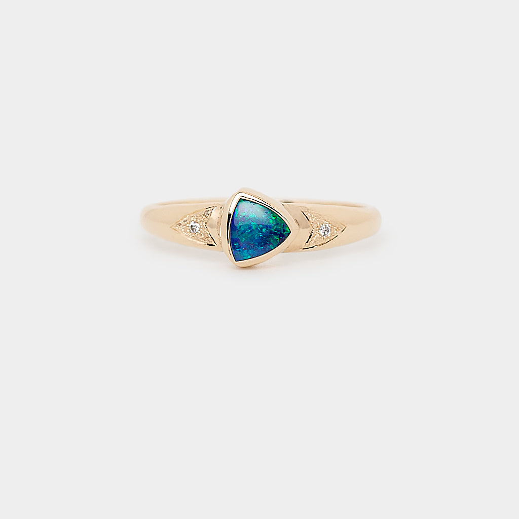 Triangle Black Opal Ring, 9k Gold Opal Ring, Solid Black Opal Jewelry, Opal and Diamond Ring, 9k Gold Gemstone Jewelry.