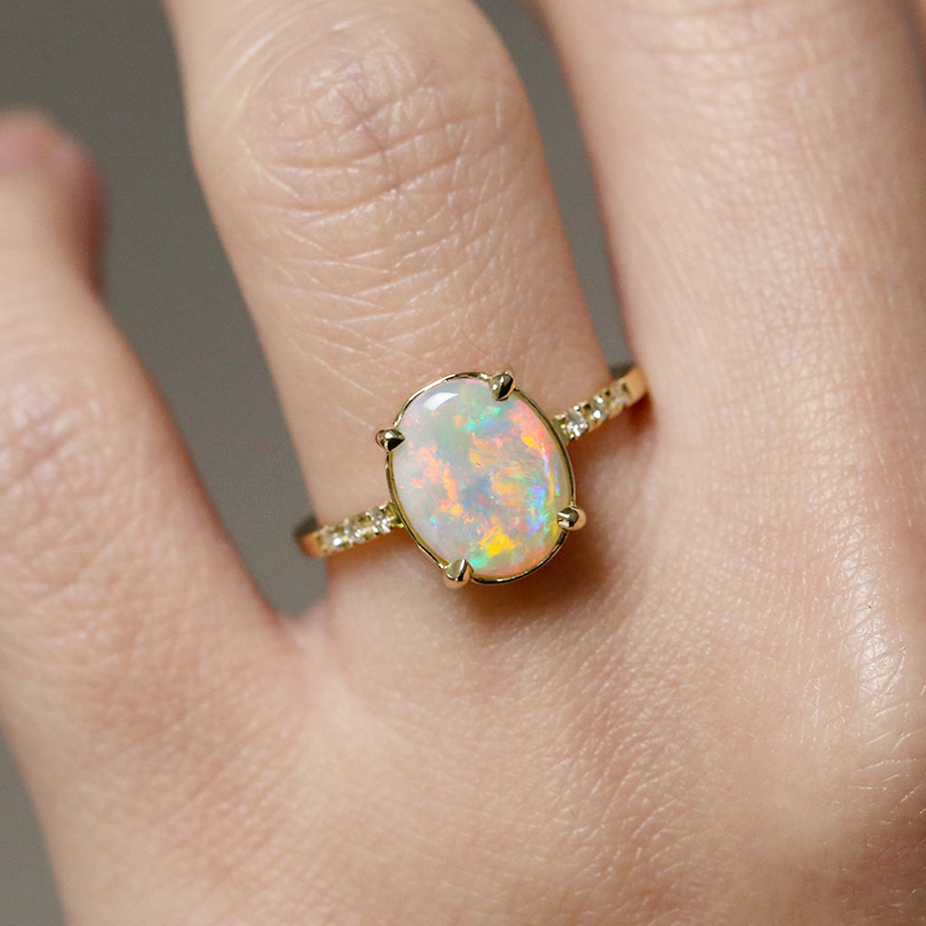 Pavé Solitaire - Natural Opal Ring