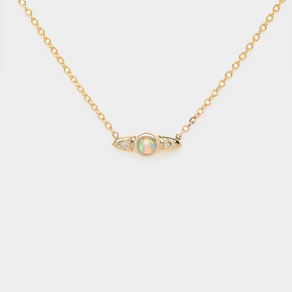 Crystal Opal Necklace, 9k Gold Opal Necklace, Natural Opal and Diamond Necklace, Opal Necklace with Arrow Design, Gold Opal Jewelry.