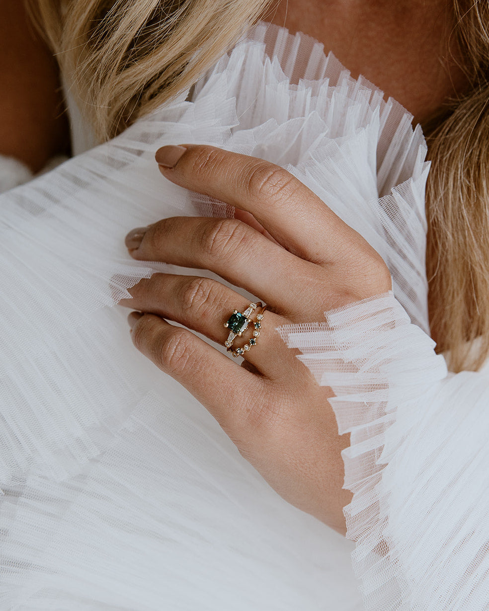 Australian radiant sapphire ring worn in a bridal stye- james and irisa jewlelery