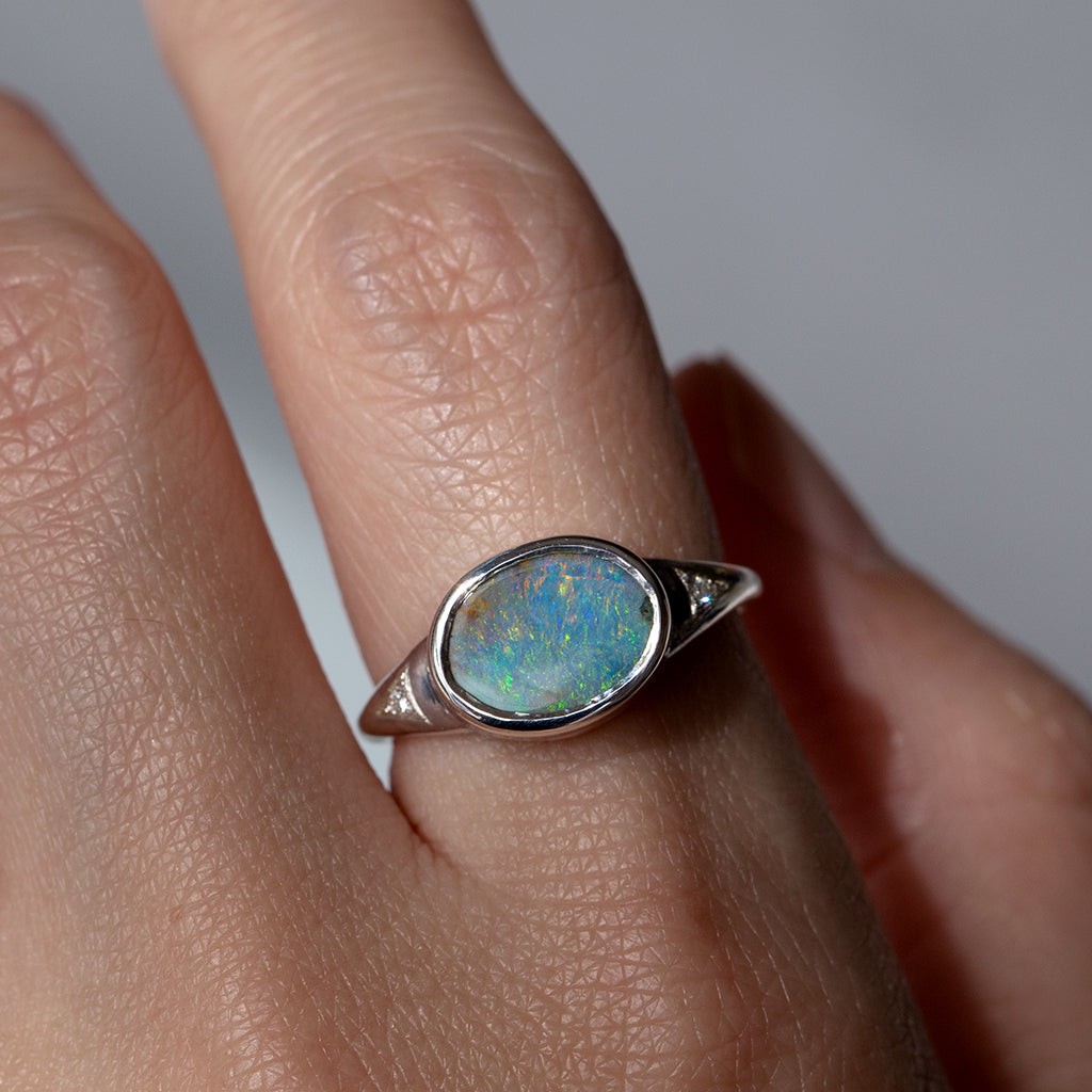 Boulder Opal Ring, Sterling Silver Opal Ring, Natural Boulder Opal Jewelry, Opal and Diamond Ring, Sterling Silver Gemstone Jewelry.