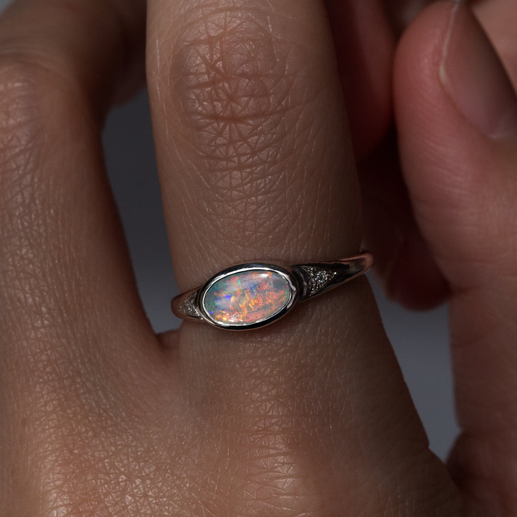 Crystal Opal Ring, Sterling Silver Opal Ring, Natural Opal Jewelry, Opal and Diamond Ring, Sterling Silver Gemstone Jewelry, Opal Ring with Arrow Design.