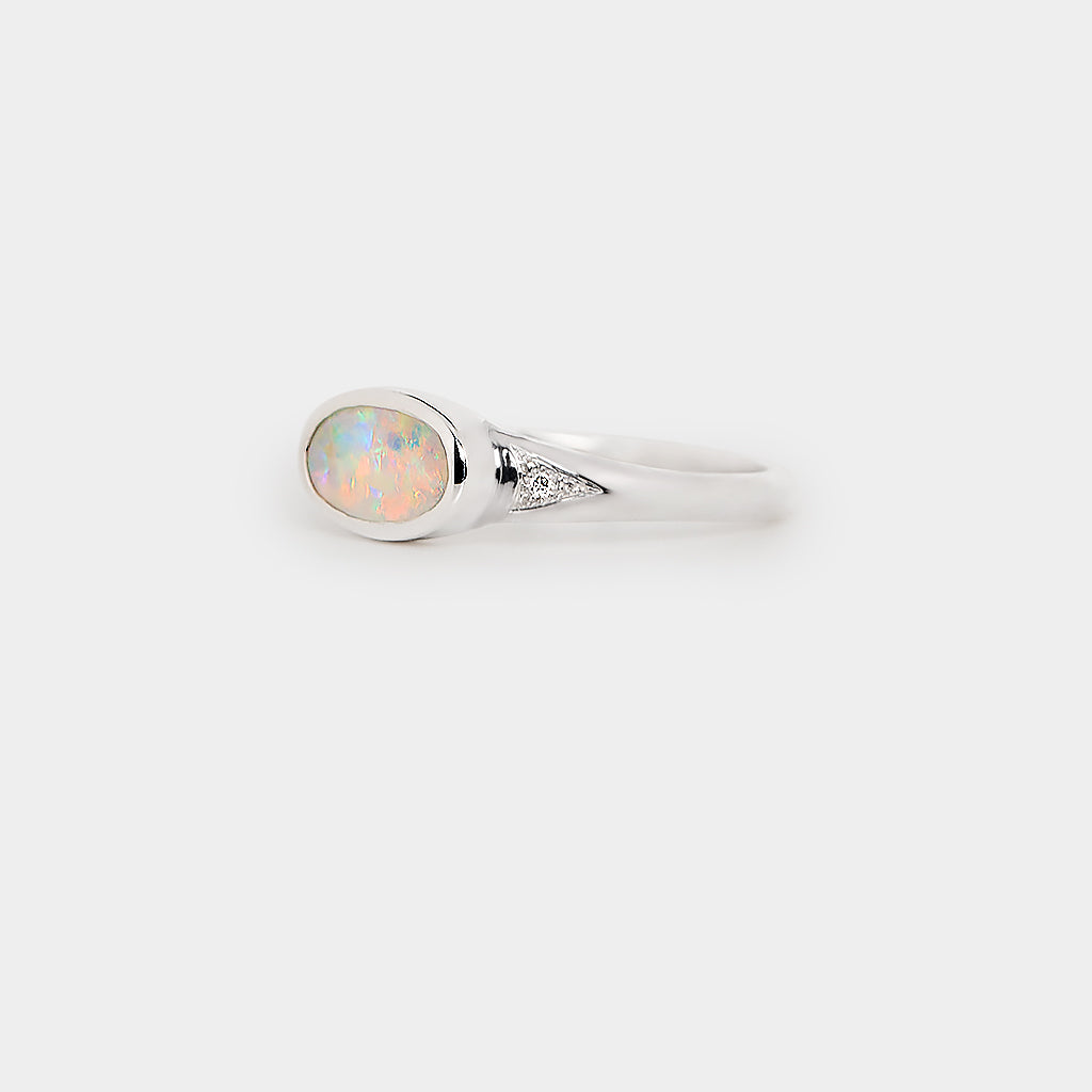 Crystal Opal Ring, Sterling Silver Opal Ring, Natural Opal Jewelry, Opal and Diamond Ring, Sterling Silver Gemstone Jewelry, Opal Ring with Arrow Design.