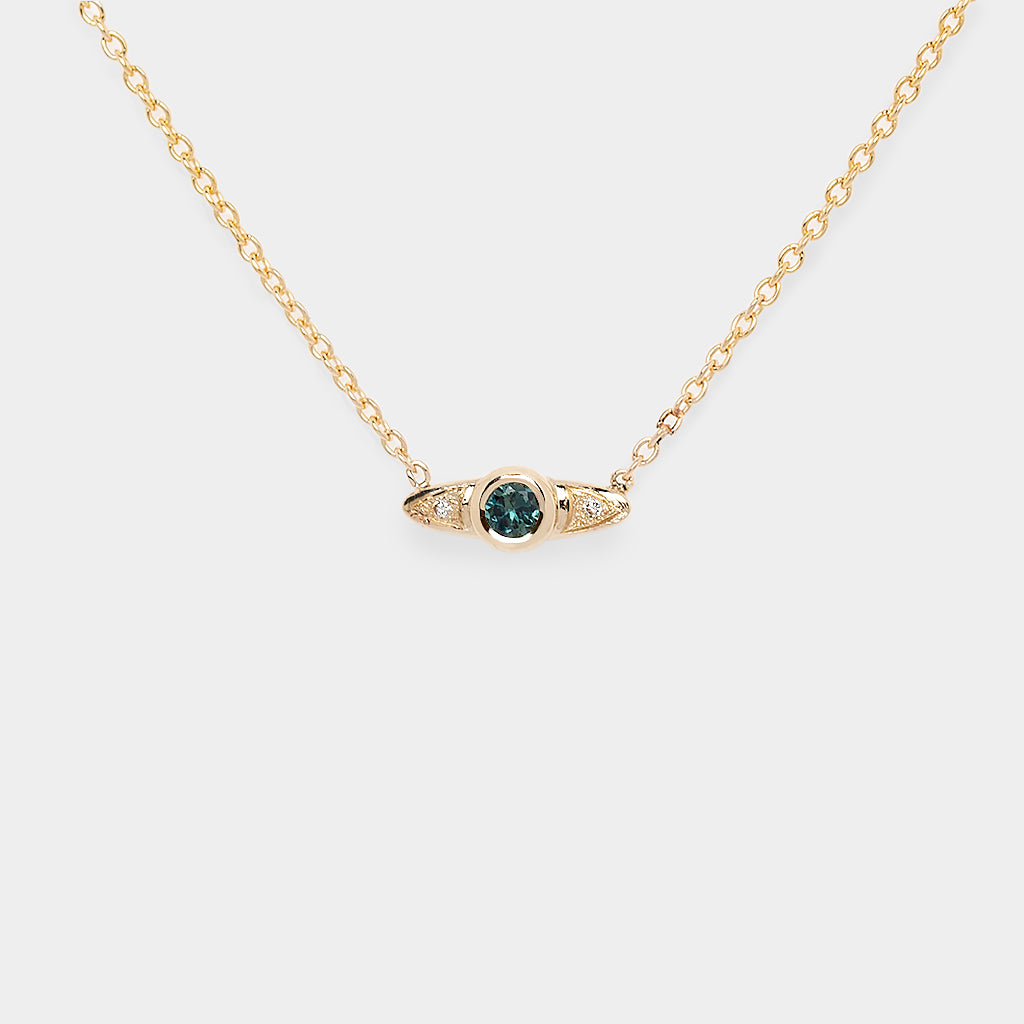 Teal Sapphire Necklace, 9k Gold Teal Sapphire Jewelry, Teal Sapphire and Diamond Necklace, Sapphire Necklace with Arrow Design, Gold Gemstone Necklace.