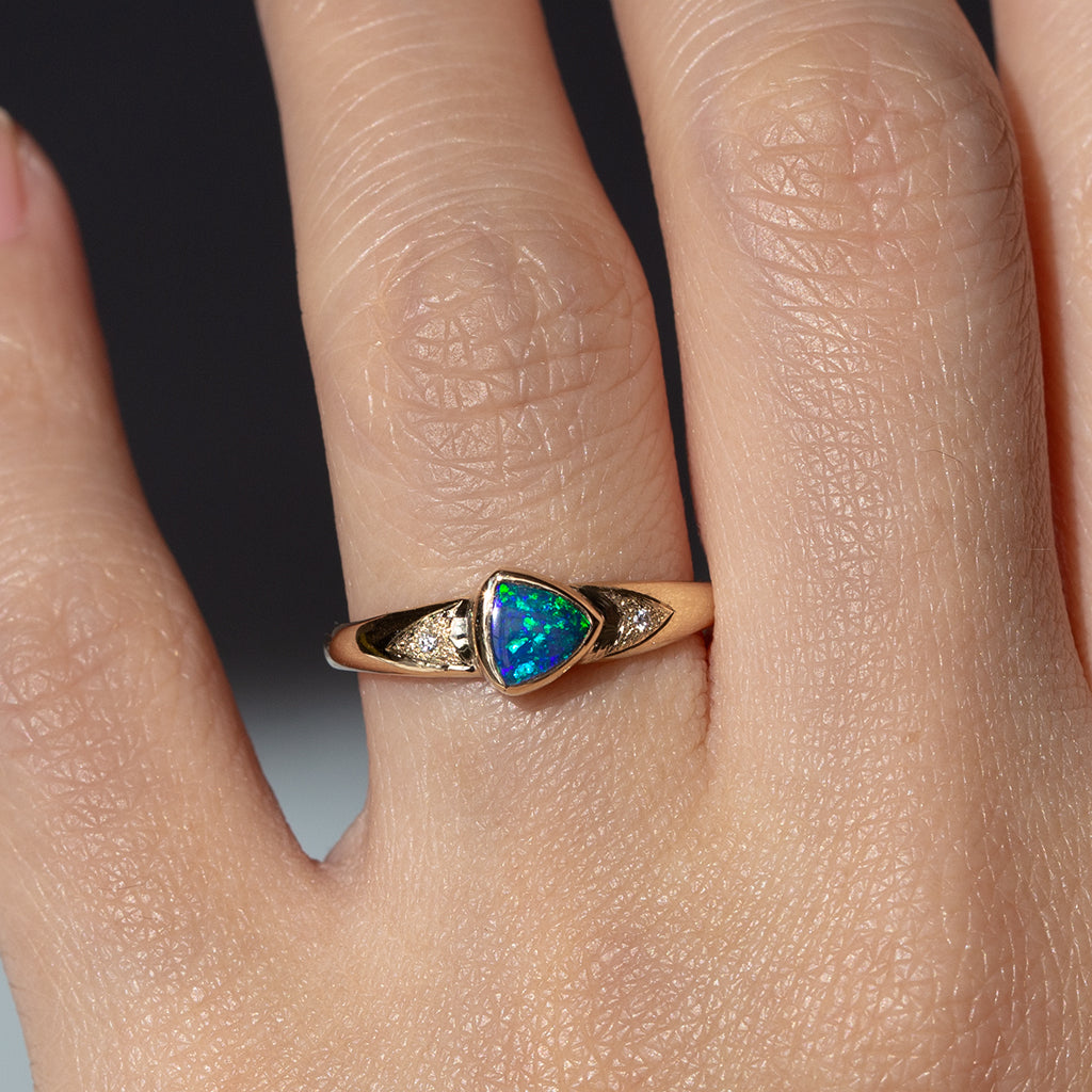 Triangle Black Opal Ring, 9k Gold Opal Ring, Solid Black Opal Jewelry, Opal and Diamond Ring, 9k Gold Gemstone Jewelry.