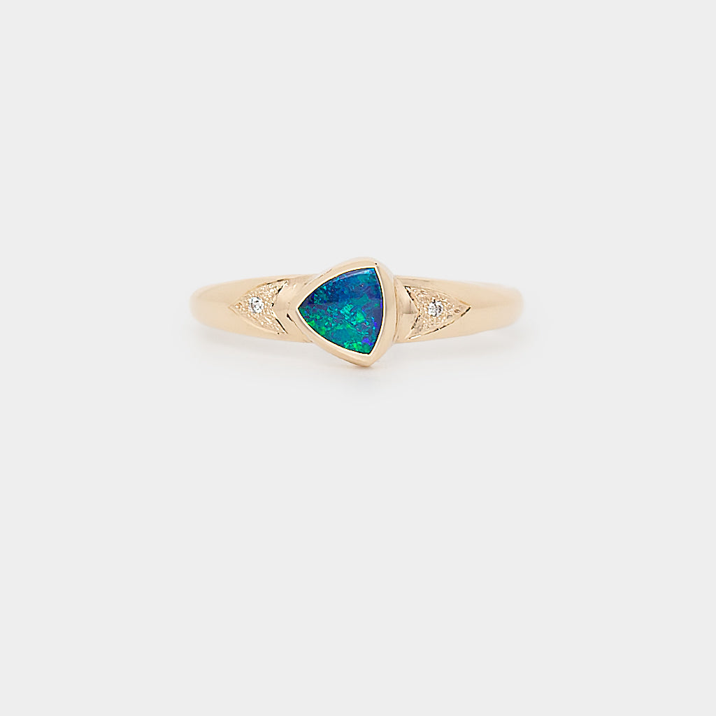 Triangle Black Opal Ring, 9k Gold Opal Ring, Solid Black Opal Jewelry, Opal and Diamond Ring, 9k Gold Gemstone Jewelry.