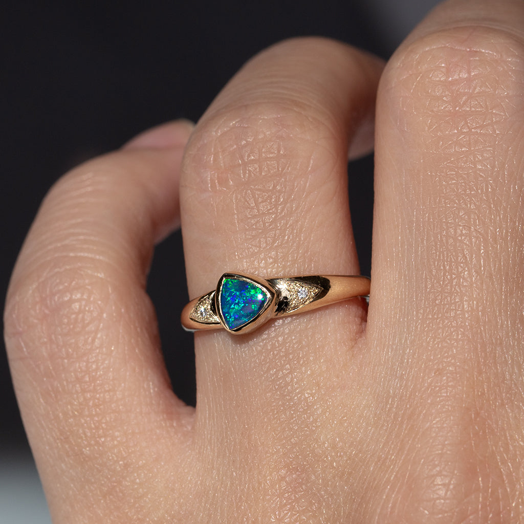 Triangle Black Opal Ring, 9k Gold Opal Ring, Solid Black Opal Jewelry, Opal and Diamond Ring, 9k Gold Gemstone Jewelry.