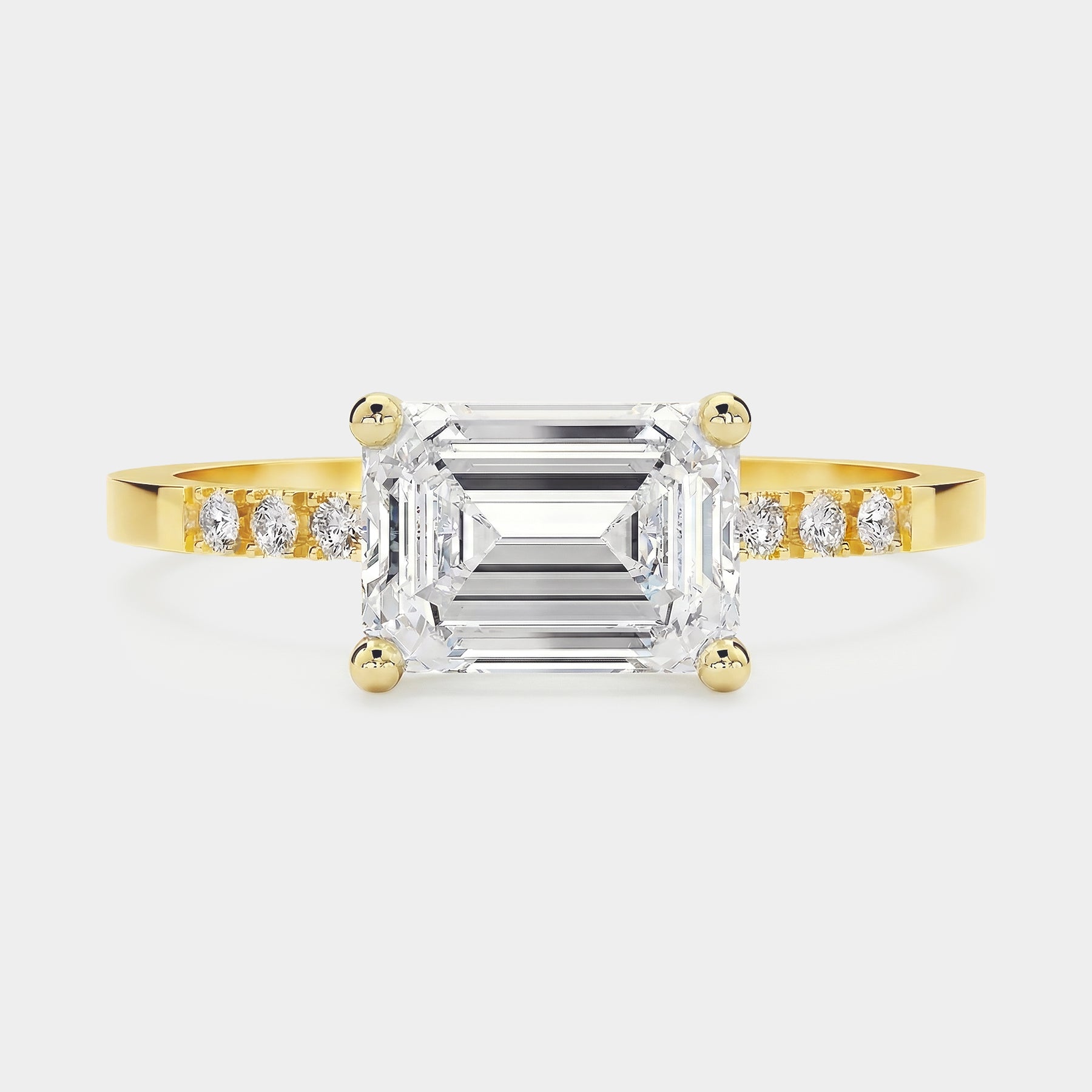East-West Pavé Solitaire Diamond Ring - Emerald Cut Lab Diamond