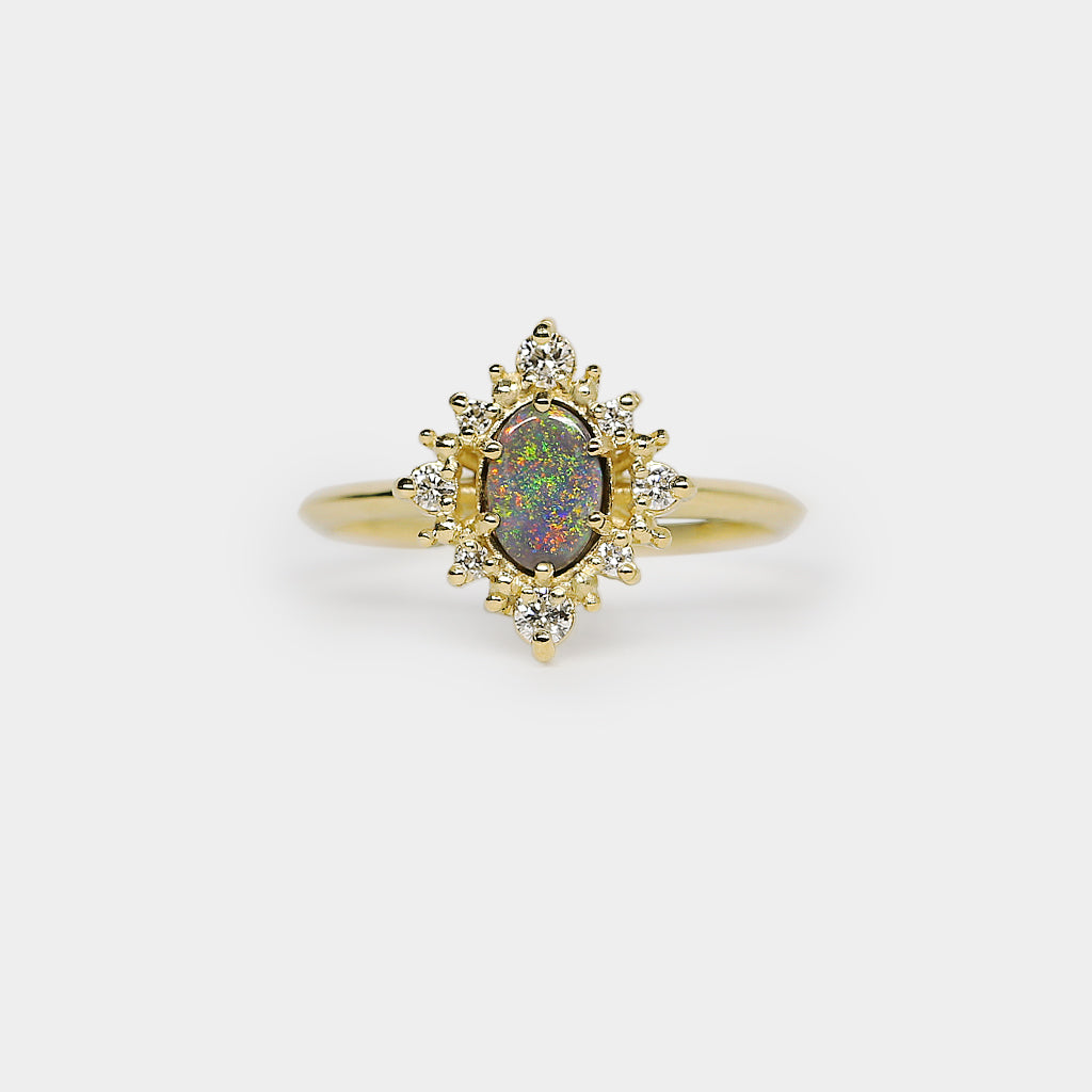 Mini Sunray Halo opal ring - 6x4mm oval black opal