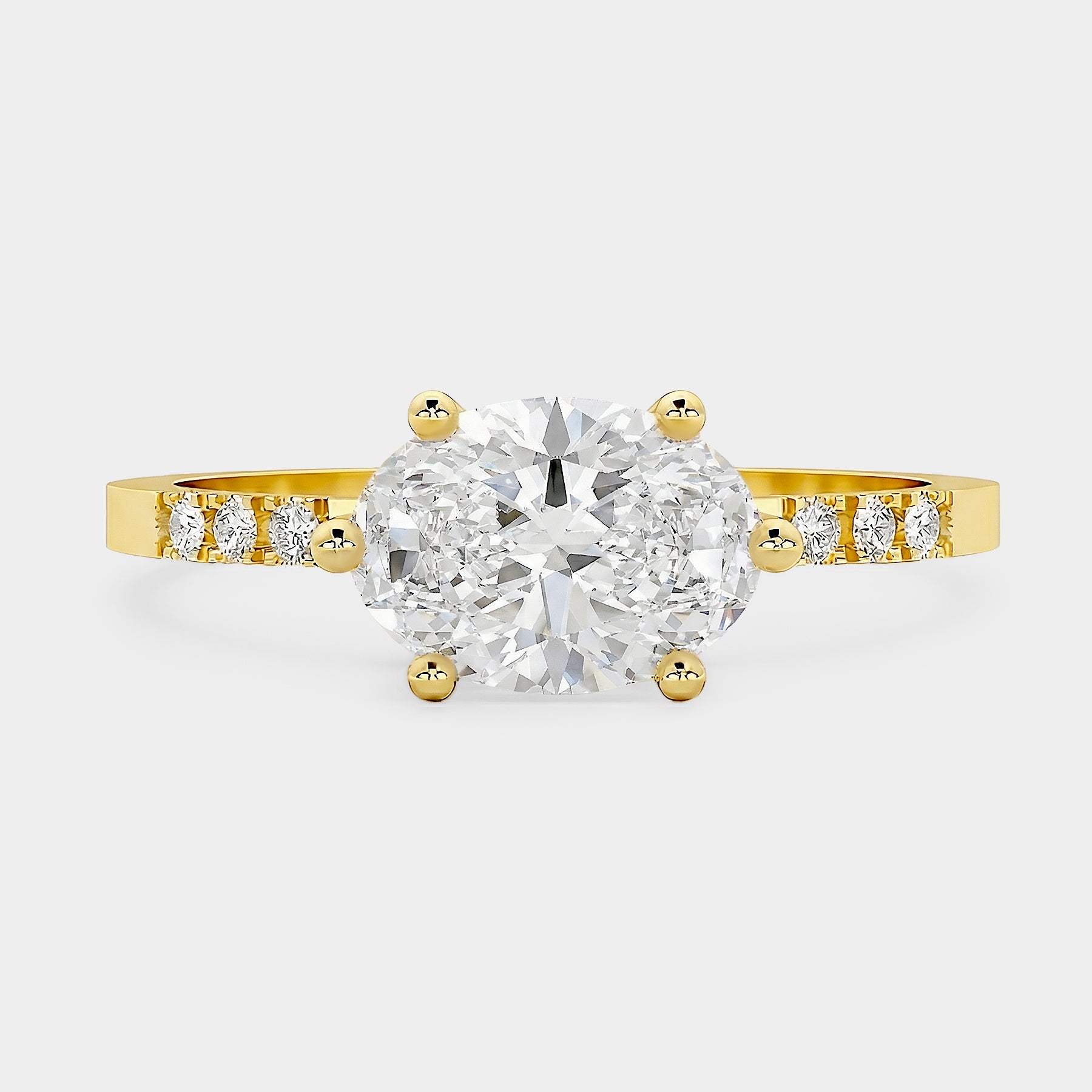 East-West Pavé Solitaire Diamond Ring - Oval Lab Diamond