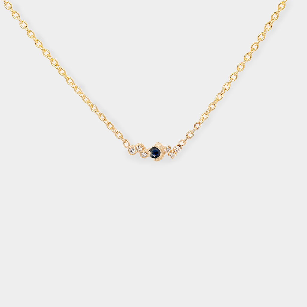 Blue Sapphire Necklace, Petite Gold Necklace, Sapphire and Diamond Necklace, 9k Gold Sapphire Jewelry, Celestial Necklace Design, Natural Sapphire Necklace.