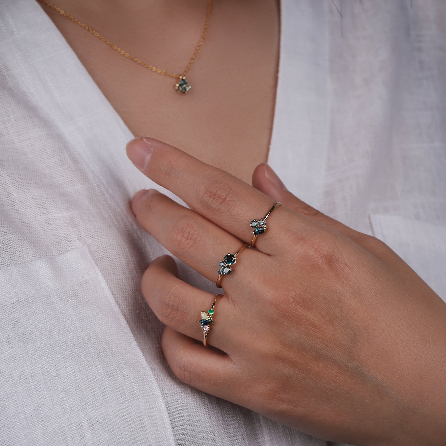 coloured gemstones cluster rings and necklace