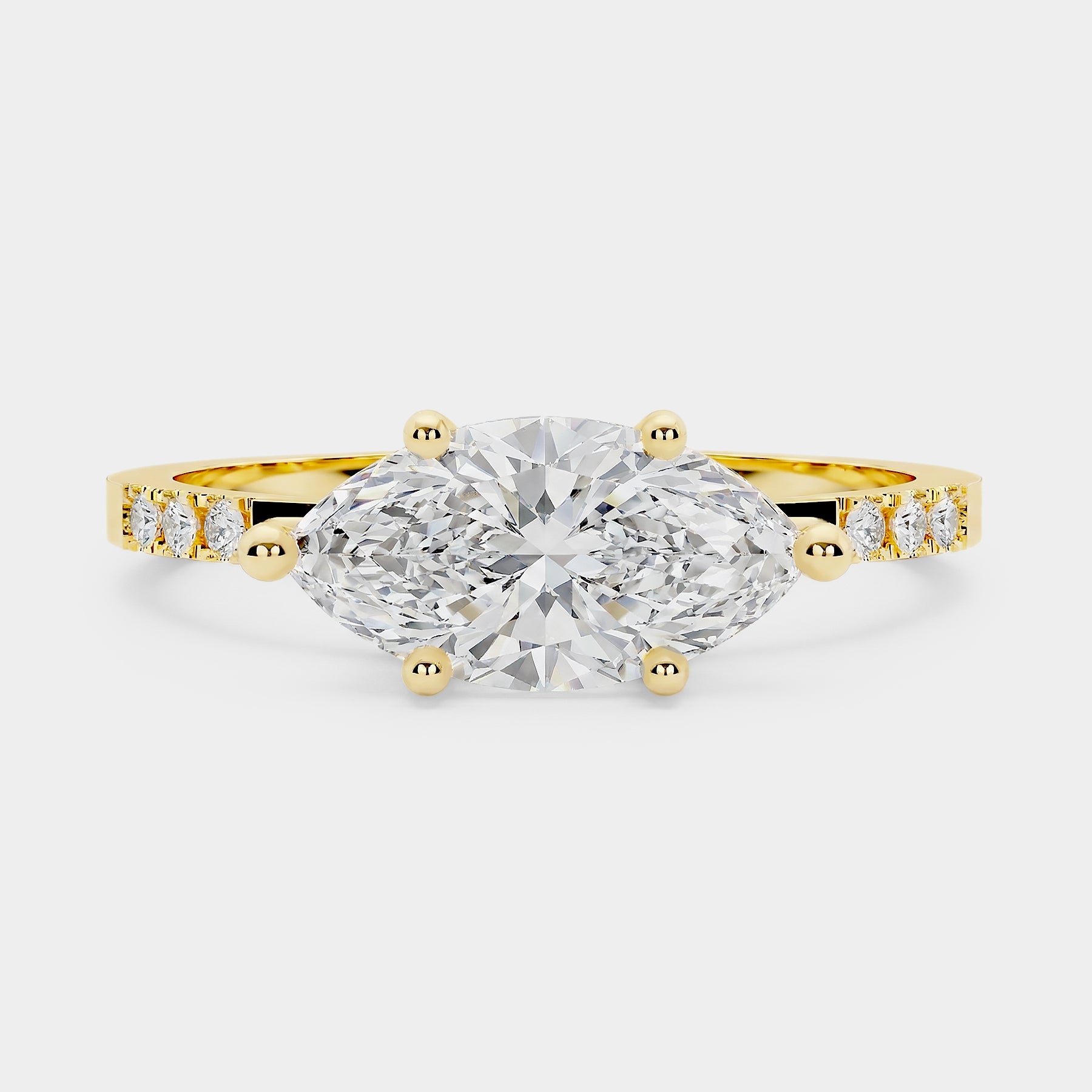 East-West Pavé Solitaire Diamond Ring - Marquise Lab Diamond